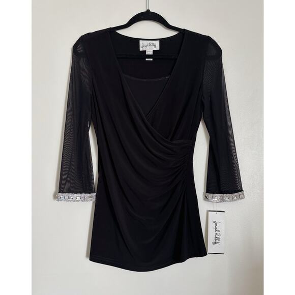 Joseph Ribkoff Tops - Black Joseph Ribkoff Drapey Blouse with Sheer Sleeves and Jewels 6